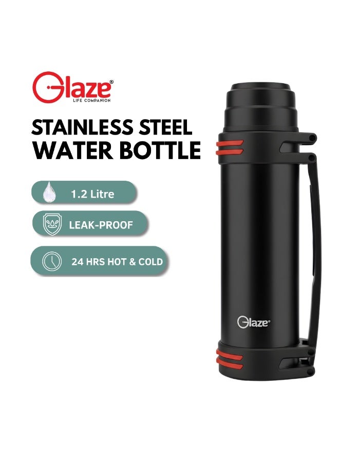 جليز قارورة ماء من الستانلس ستيل بسعة 1.2 لتر، ترمس حراري بعزل فراغي مع مقبض، مانع للتسرب، يحافظ على المشروبات ساخنة وباردة حتى 24 ساعة، خالية من مادة BPA، مناسبة للسفر والرياضة والنشاطات الخارجية – أسود - Image 2